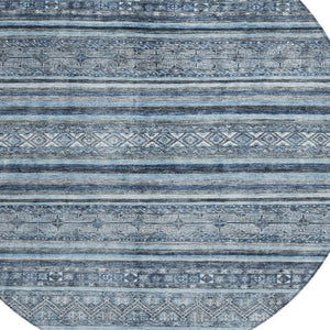 HomeRoots 5' Timeless Blue and Gray Oriental Washable Area Rug for Indoor and Outdoor Versatile Spaces 8' Round 616336