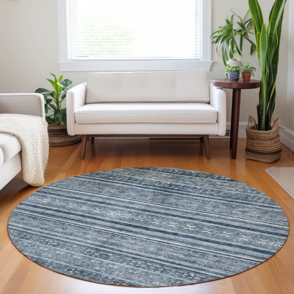HomeRoots 5' Timeless Blue and Gray Oriental Washable Area Rug for Indoor and Outdoor Versatile Spaces 8' Round 616336