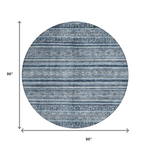 HomeRoots 5' Timeless Blue and Gray Oriental Washable Area Rug for Indoor and Outdoor Versatile Spaces 8' Round 616336