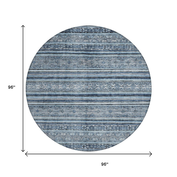 HomeRoots 5' Timeless Blue and Gray Oriental Washable Area Rug for Indoor and Outdoor Versatile Spaces 8' Round 616336