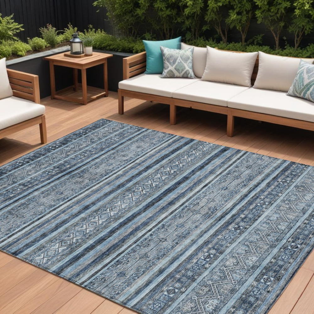 HomeRoots 5' Timeless Blue and Gray Oriental Washable Area Rug for Indoor and Outdoor Versatile Spaces 9' X 12' 616338