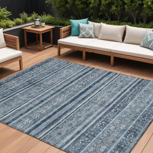 HomeRoots 5' Timeless Blue and Gray Oriental Washable Area Rug for Indoor and Outdoor Versatile Spaces 10' X 14' 616339