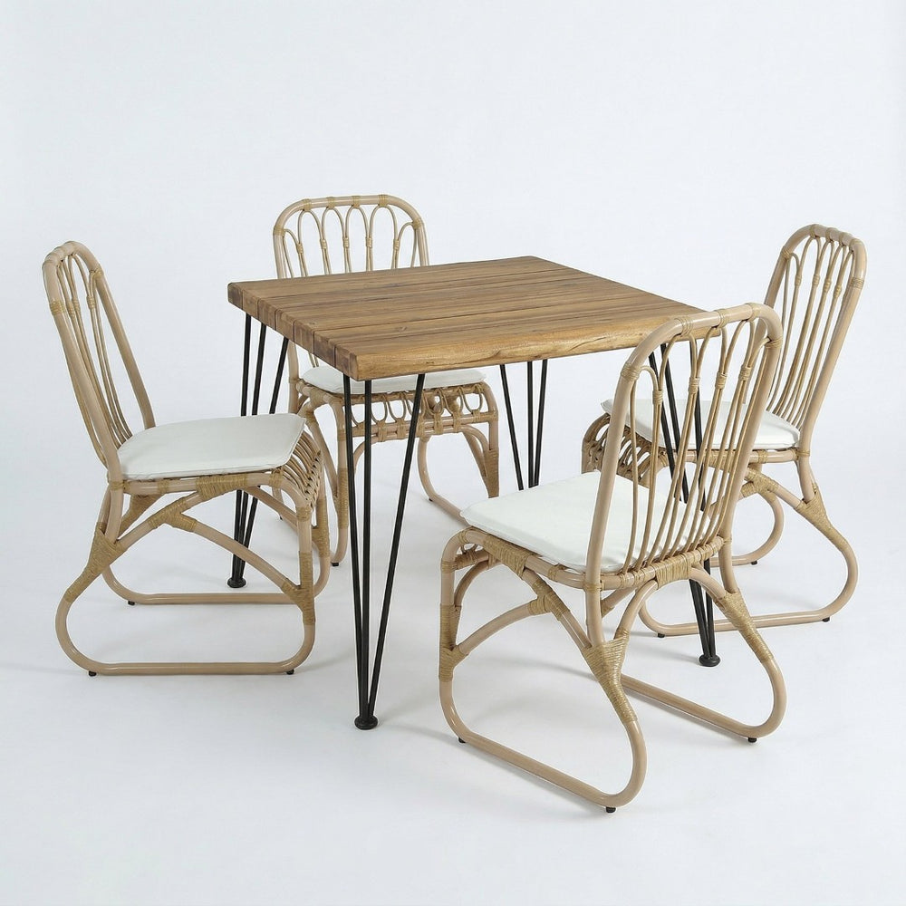 English Elm 5 Piece Outdoor Acacia Wood Dining Set with Woven Rattan Chairs for Patio N762S000009AAN