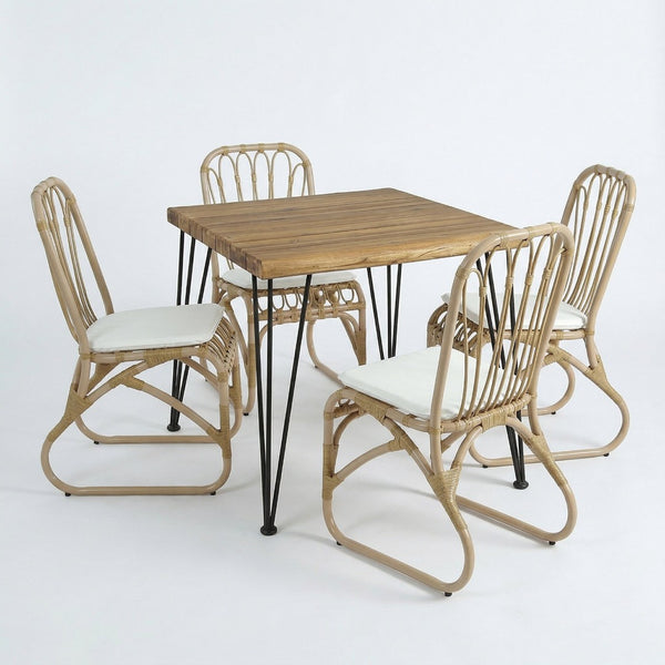 English Elm 5 Piece Outdoor Acacia Wood Dining Set with Woven Rattan Chairs for Patio N762S000009AAN