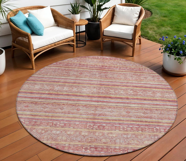 HomeRoots 5' Timeless Rust and Coral Oriental Washable Area Rug for Indoor and Outdoor Stylish Living Spaces 8' Round 616348