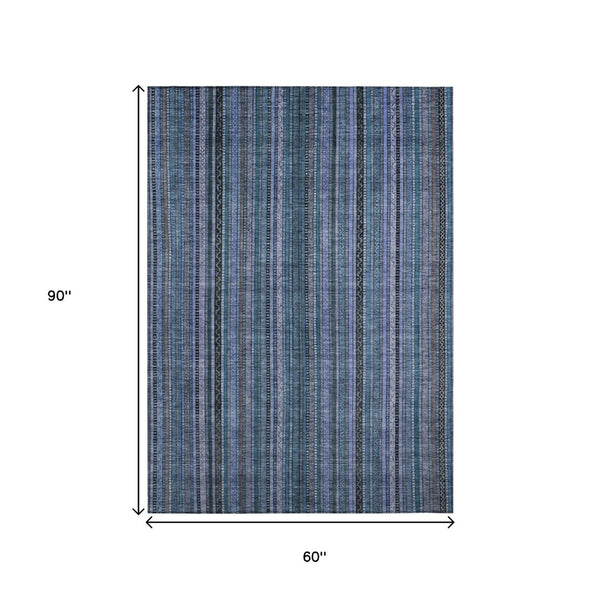 HomeRoots 5' Coastal Blue Gray Striped Washable Area Rug for Indoor and Outdoor Spaces - Easy Care & Durable 5' X 8' 616365