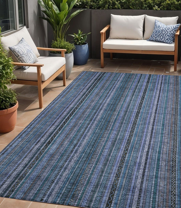 HomeRoots 5' Coastal Blue Gray Striped Washable Area Rug for Indoor and Outdoor Spaces - Easy Care & Durable 5' X 8' 616365