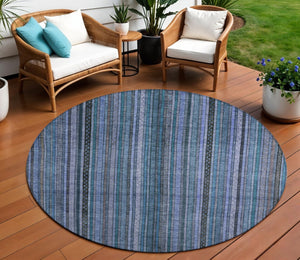 HomeRoots 5' Coastal Blue Gray Striped Washable Area Rug for Indoor and Outdoor Spaces - Easy Care & Durable 8' Round 616366
