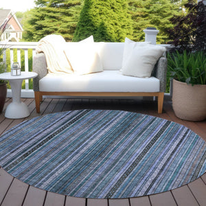 HomeRoots 5' Coastal Blue Gray Striped Washable Area Rug for Indoor and Outdoor Spaces - Easy Care & Durable 8' Round 616366