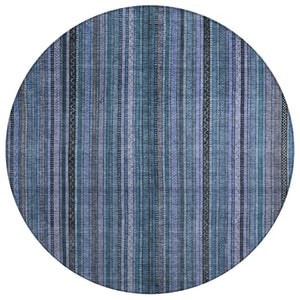 HomeRoots 5' Coastal Blue Gray Striped Washable Area Rug for Indoor and Outdoor Spaces - Easy Care & Durable 8' Round 616366