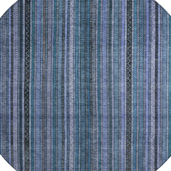 HomeRoots 5' Coastal Blue Gray Striped Washable Area Rug for Indoor and Outdoor Spaces - Easy Care & Durable 8' Round 616366
