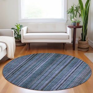 HomeRoots 5' Coastal Blue Gray Striped Washable Area Rug for Indoor and Outdoor Spaces - Easy Care & Durable 8' Round 616366