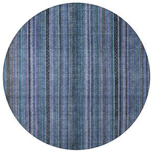 HomeRoots 5' Coastal Blue Gray Striped Washable Area Rug for Indoor and Outdoor Spaces - Easy Care & Durable 8' Round 616366