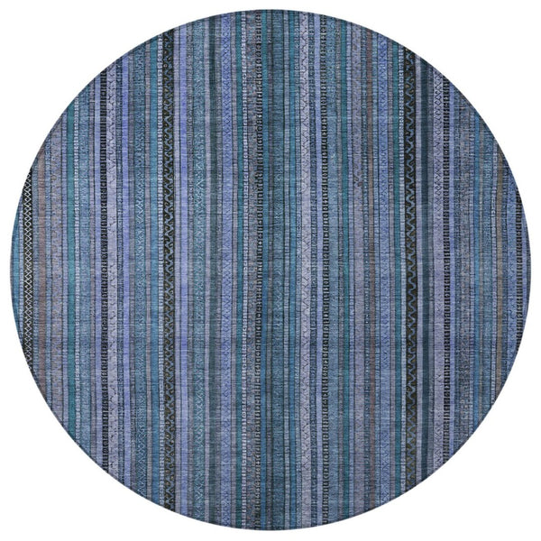 HomeRoots 5' Coastal Blue Gray Striped Washable Area Rug for Indoor and Outdoor Spaces - Easy Care & Durable 8' Round 616366