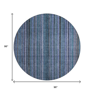 HomeRoots 5' Coastal Blue Gray Striped Washable Area Rug for Indoor and Outdoor Spaces - Easy Care & Durable 8' Round 616366