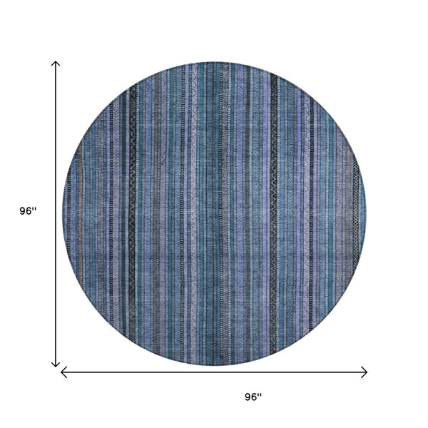 HomeRoots 5' Coastal Blue Gray Striped Washable Area Rug for Indoor and Outdoor Spaces - Easy Care & Durable 8' Round 616366