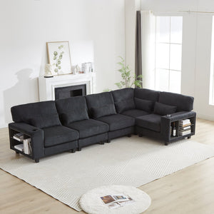 English Elm 102.75*102.75" L-Shaped Modular Sectional Sofa with Corduroy Upholstery, Storage Arm, Cup Holder, 5-Seat Convertible Lounge Black W1926S00052