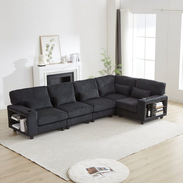 English Elm 102.75*102.75" L-Shaped Modular Sectional Sofa with Corduroy Upholstery, Storage Arm, Cup Holder, 5-Seat Convertible Lounge Black W1926S00052