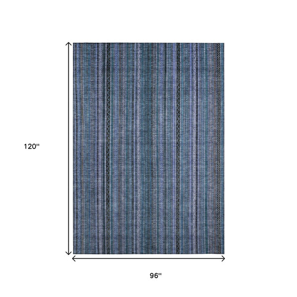 HomeRoots 5' Coastal Blue Gray Striped Washable Area Rug for Indoor and Outdoor Spaces - Easy Care & Durable 8' X 10' 616367