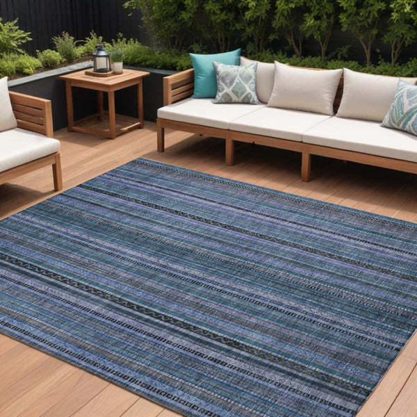 HomeRoots 5' Coastal Blue Gray Striped Washable Area Rug for Indoor and Outdoor Spaces - Easy Care & Durable 8' X 10' 616367
