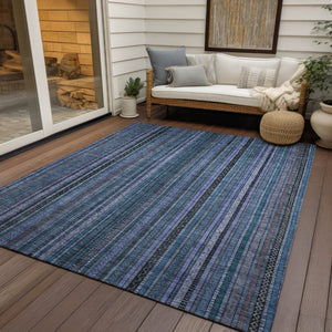 HomeRoots 5' Coastal Blue Gray Striped Washable Area Rug for Indoor and Outdoor Spaces - Easy Care & Durable 8' X 10' 616367