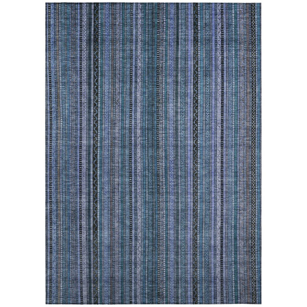 HomeRoots 5' Coastal Blue Gray Striped Washable Area Rug for Indoor and Outdoor Spaces - Easy Care & Durable 8' X 10' 616367