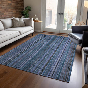 HomeRoots 5' Coastal Blue Gray Striped Washable Area Rug for Indoor and Outdoor Spaces - Easy Care & Durable 8' X 10' 616367