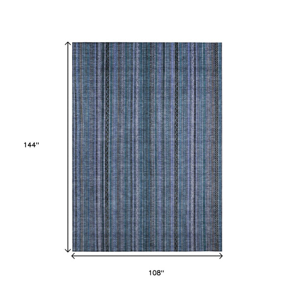 HomeRoots 5' Coastal Blue Gray Striped Washable Area Rug for Indoor and Outdoor Spaces - Easy Care & Durable 9' X 12' 616368