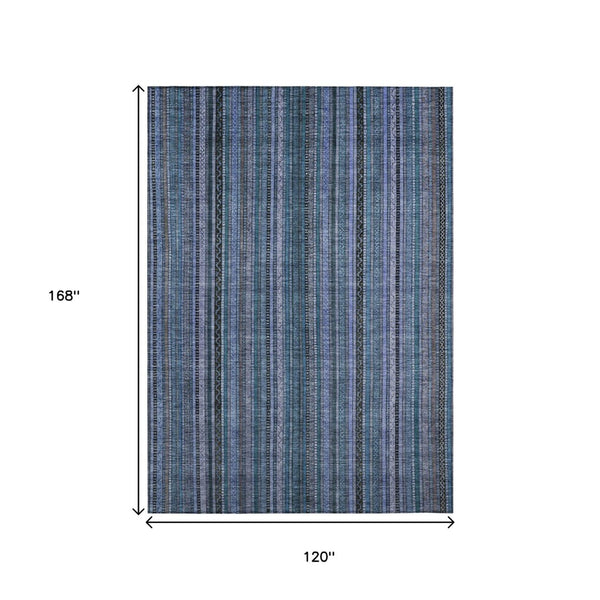 HomeRoots 5' Coastal Blue Gray Striped Washable Area Rug for Indoor and Outdoor Spaces - Easy Care & Durable 10' X 14' 616369