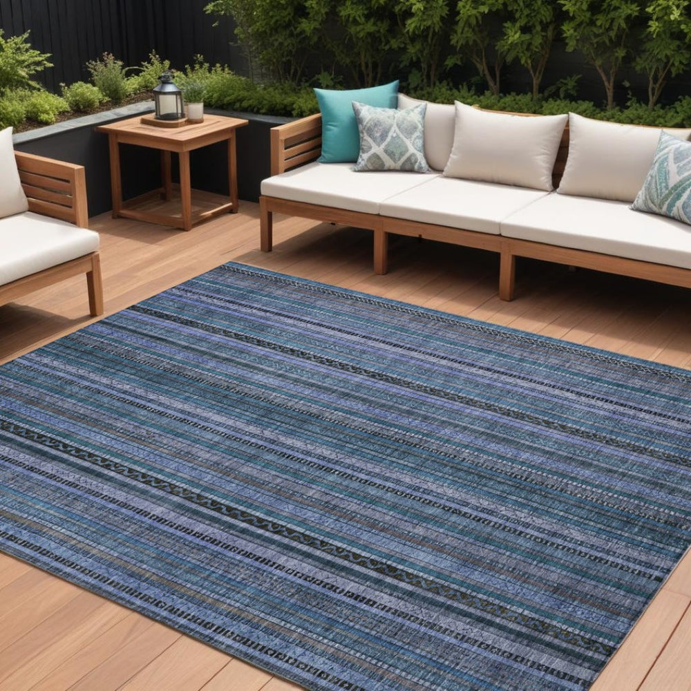 HomeRoots 5' Coastal Blue Gray Striped Washable Area Rug for Indoor and Outdoor Spaces - Easy Care & Durable 10' X 14' 616369
