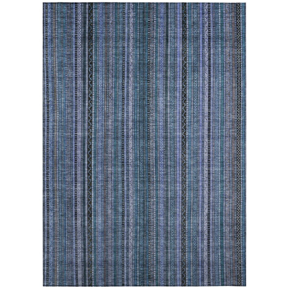 HomeRoots 5' Coastal Blue Gray Striped Washable Area Rug for Indoor and Outdoor Spaces - Easy Care & Durable 10' X 14' 616369