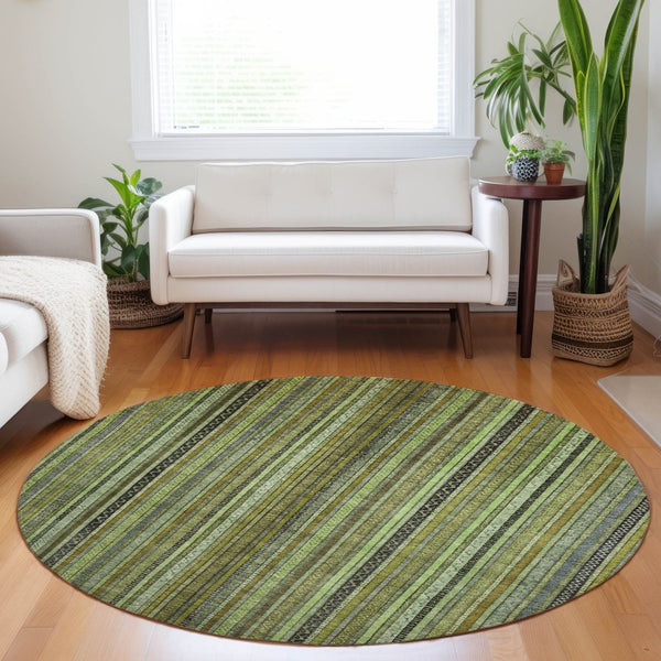 HomeRoots 5' Refresh Your Space with a Bold Green, Gold & Gray Striped Durable Washable Area Rug for Indoors & Outdoors 8' Round 616372