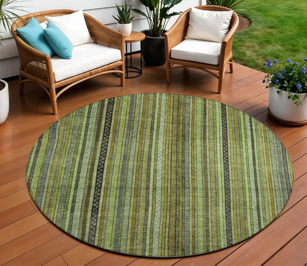 HomeRoots 5' Refresh Your Space with a Bold Green, Gold & Gray Striped Durable Washable Area Rug for Indoors & Outdoors 8' Round 616372