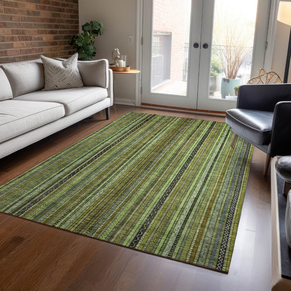 HomeRoots 5' Refresh Your Space with a Bold Green, Gold & Gray Striped Durable Washable Area Rug for Indoors & Outdoors 9' X 12' 616374