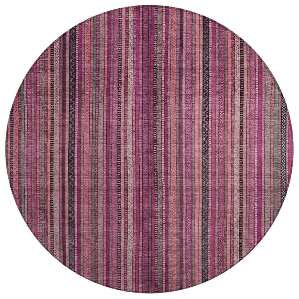 HomeRoots 5' Stylish Pink Mauve and Blush Striped Washable Area Rug for Indoor and Outdoor Spaces, Durable Design 8' Round 616378