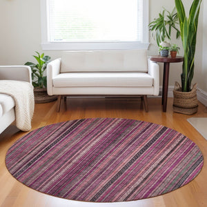 HomeRoots 5' Stylish Pink Mauve and Blush Striped Washable Area Rug for Indoor and Outdoor Spaces, Durable Design 8' Round 616378