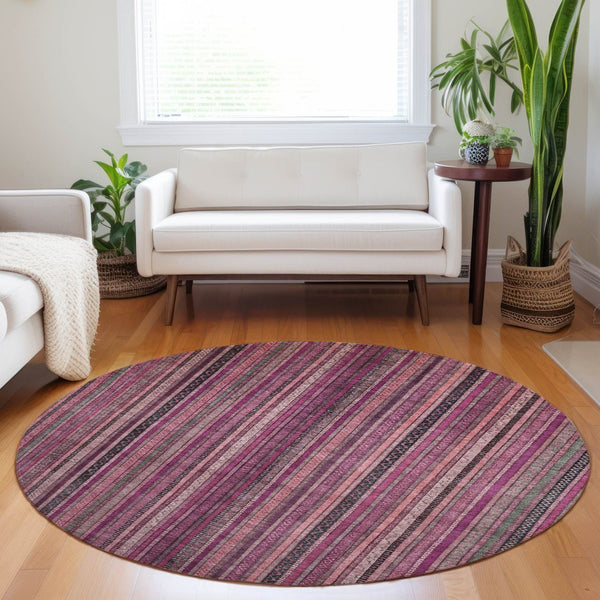 HomeRoots 5' Stylish Pink Mauve and Blush Striped Washable Area Rug for Indoor and Outdoor Spaces, Durable Design 8' Round 616378
