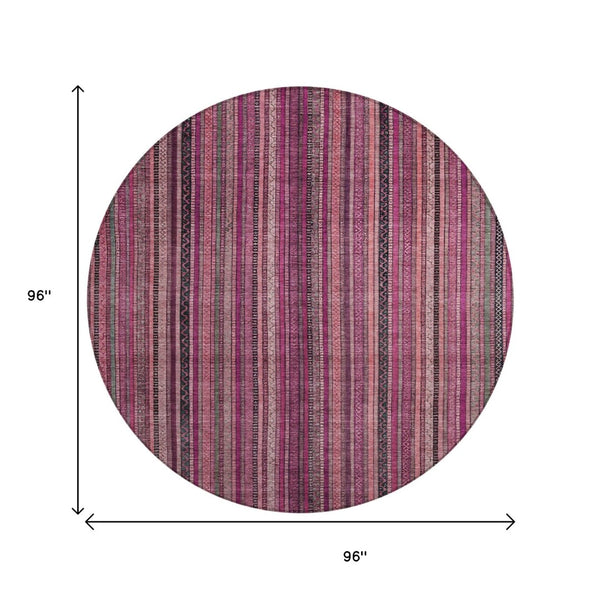 HomeRoots 5' Stylish Pink Mauve and Blush Striped Washable Area Rug for Indoor and Outdoor Spaces, Durable Design 8' Round 616378