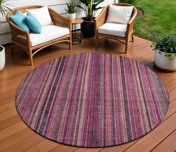 HomeRoots 5' Stylish Pink Mauve and Blush Striped Washable Area Rug for Indoor and Outdoor Spaces, Durable Design 8' Round 616378