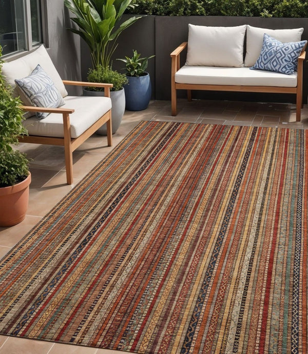 HomeRoots 5' Striped Washable Area Rug in Rust, Taupe & Gray – Stylish Indoor/Outdoor Home Décor Solution 5' X 8' 616383