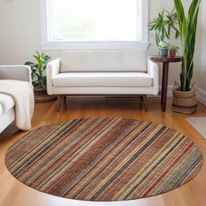 HomeRoots 5' Striped Washable Area Rug in Rust, Taupe & Gray – Stylish Indoor/Outdoor Home Décor Solution 8' Round 616384