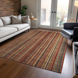 HomeRoots 5' Striped Washable Area Rug in Rust, Taupe & Gray – Stylish Indoor/Outdoor Home Décor Solution 10' X 14' 616387