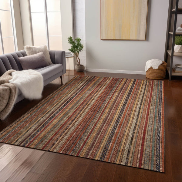 HomeRoots 5' Striped Washable Area Rug in Rust, Taupe & Gray – Stylish Indoor/Outdoor Home Décor Solution 10' X 14' 616387