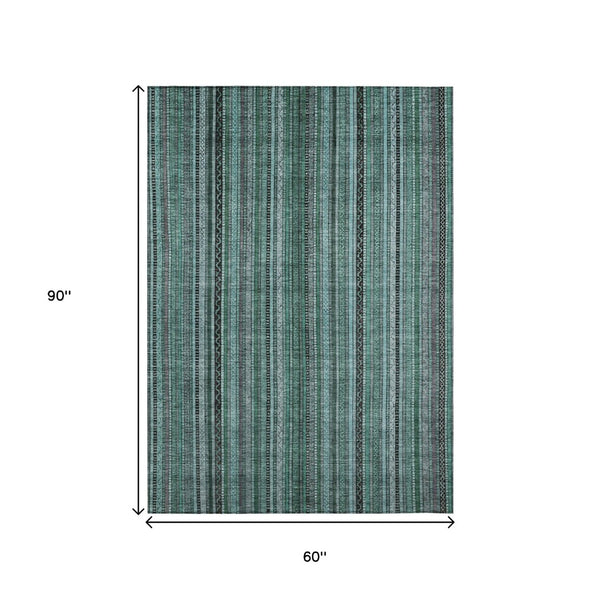 HomeRoots 5' Stylish Teal Blue Aqua Gray Striped Washable Area Rug for Indoor Outdoor Durability & Elegance 5' X 8' 616389