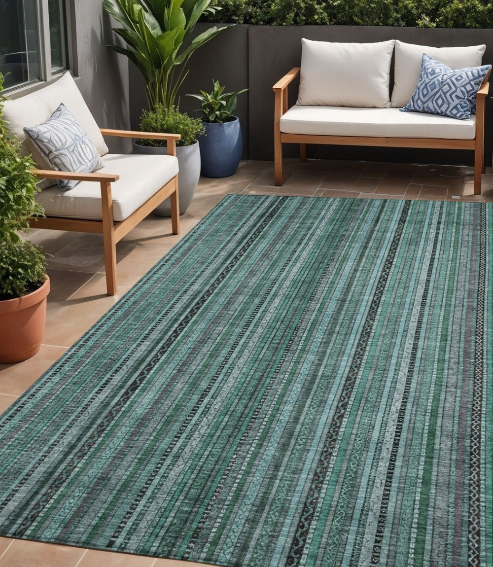 HomeRoots 5' Stylish Teal Blue Aqua Gray Striped Washable Area Rug for Indoor Outdoor Durability & Elegance 5' X 8' 616389