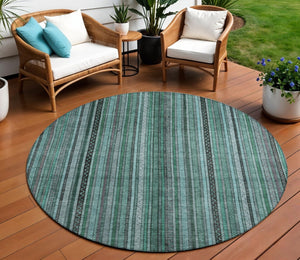 HomeRoots 5' Stylish Teal Blue Aqua Gray Striped Washable Area Rug for Indoor Outdoor Durability & Elegance 8' Round 616390