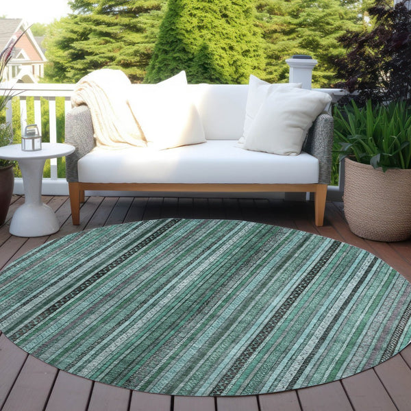 HomeRoots 5' Stylish Teal Blue Aqua Gray Striped Washable Area Rug for Indoor Outdoor Durability & Elegance 8' Round 616390