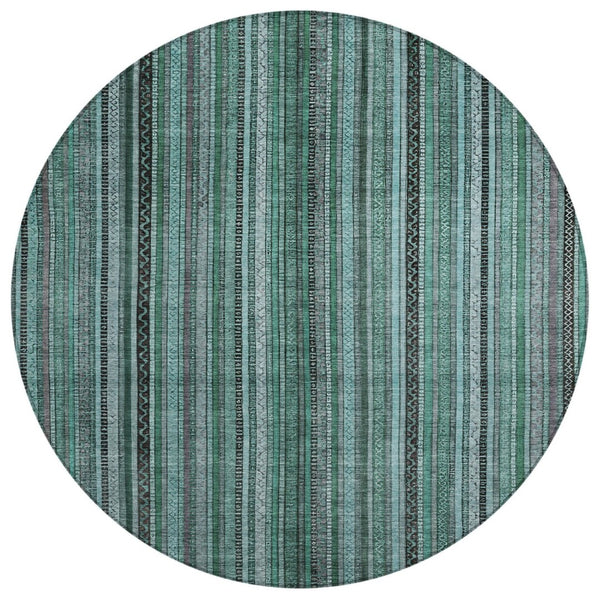 HomeRoots 5' Stylish Teal Blue Aqua Gray Striped Washable Area Rug for Indoor Outdoor Durability & Elegance 8' Round 616390