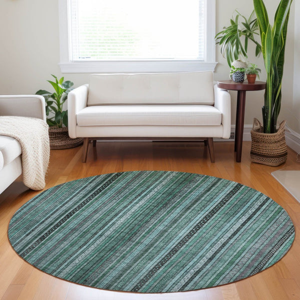 HomeRoots 5' Stylish Teal Blue Aqua Gray Striped Washable Area Rug for Indoor Outdoor Durability & Elegance 8' Round 616390
