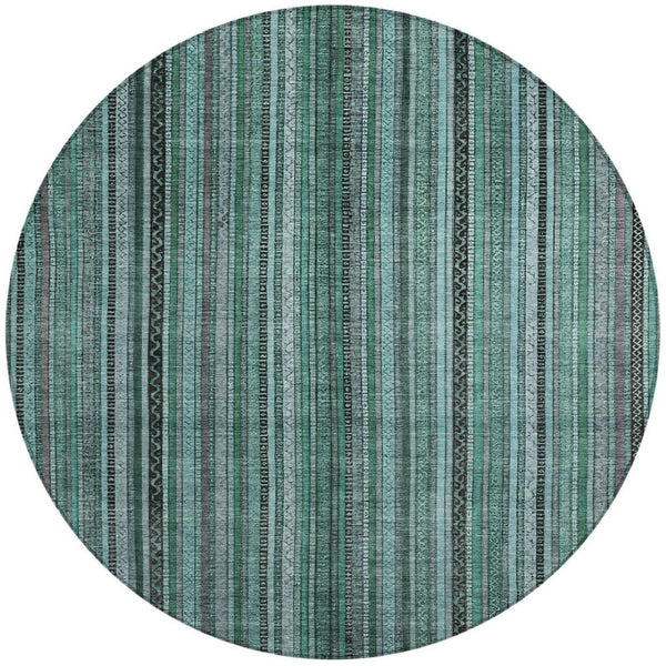 HomeRoots 5' Stylish Teal Blue Aqua Gray Striped Washable Area Rug for Indoor Outdoor Durability & Elegance 8' Round 616390